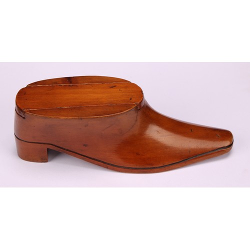 632 - Snuff - a 19th century novelty boxwood snuff box, carved as a shoe, quite plain, 13cm long, c.1850