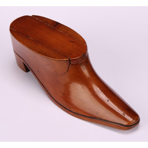 632 - Snuff - a 19th century novelty boxwood snuff box, carved as a shoe, quite plain, 13cm long, c.1850