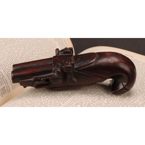 654 - Snuff - A rare 19th century treen snuff box, carved as a flintlock pistol, hinged cover to underside... 