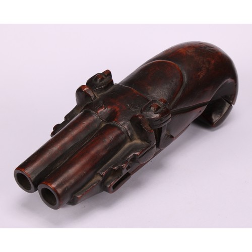 654 - Snuff - A rare 19th century treen snuff box, carved as a flintlock pistol, hinged cover to underside... 