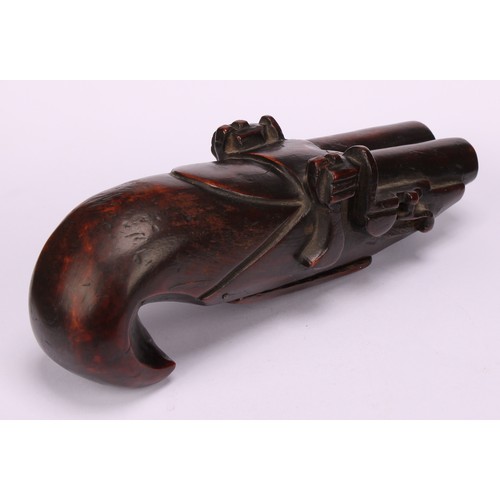 654 - Snuff - A rare 19th century treen snuff box, carved as a flintlock pistol, hinged cover to underside... 