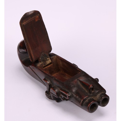 654 - Snuff - A rare 19th century treen snuff box, carved as a flintlock pistol, hinged cover to underside... 