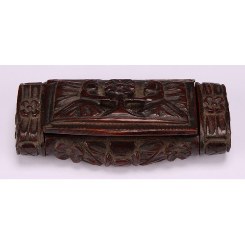 630 - Snuff - A 19th century French rectangular snuff box carved with flaming torch trophy and stylized fl... 