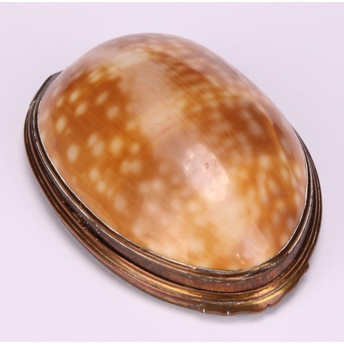 651 - Snuff - a George III snuff box formed from a tiger cowrie/cowry shell, hinged cover set with mother ... 