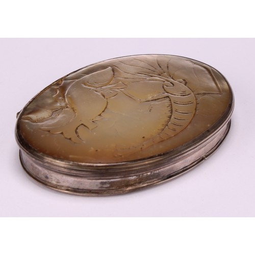 650 - Snuff - a George III oval mother of pearl snuff box, carved with a prawn and fish, silver coloured m... 