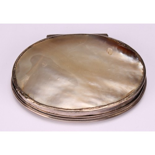 650 - Snuff - a George III oval mother of pearl snuff box, carved with a prawn and fish, silver coloured m... 