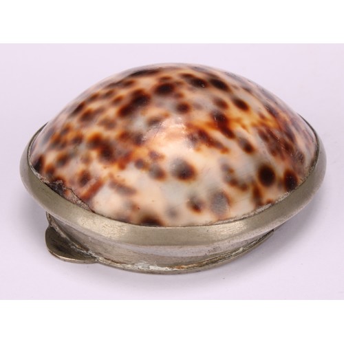 645 - Snuff - a 19th century snuff box, formed from a tiger cowrie/cowry shell, the mounts engraved and ch... 