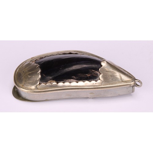 645 - Snuff - a 19th century snuff box, formed from a tiger cowrie/cowry shell, the mounts engraved and ch... 