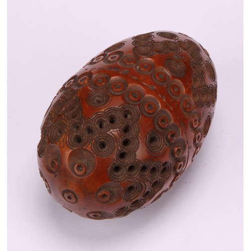 616 - A 19th century novelty coquilla nut nutmeg grater in the form of an acorn, turned cover, steel grill... 