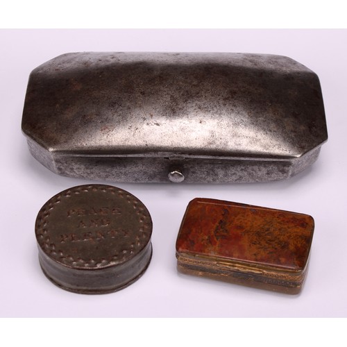 649 - Snuff - a George III canted rectangular steel snuff or tobacco box; hinged cover inscribed 