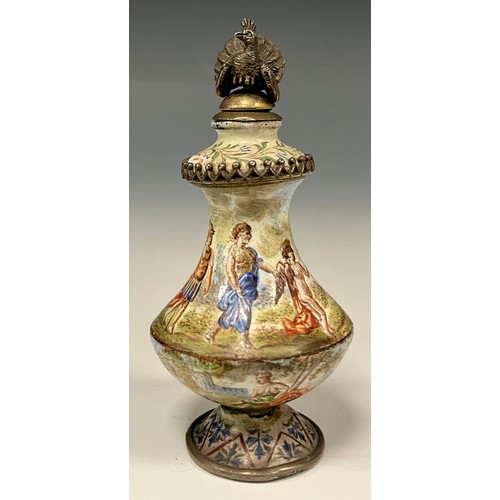 1097 - An 18th century coloured enamel scent bottle painted with Bacchanalian figures, silver metal peacock... 