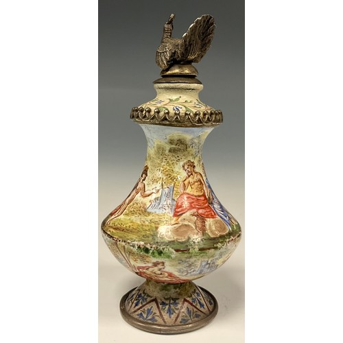 1097 - An 18th century coloured enamel scent bottle painted with Bacchanalian figures, silver metal peacock... 