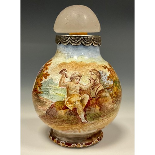 1098 - An 18th century enamel scent bottle painted with classical figures one sculpting a bust, frosted sto... 