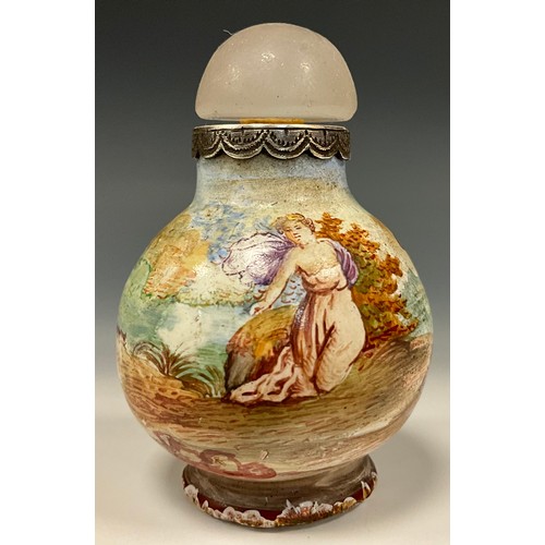 1098 - An 18th century enamel scent bottle painted with classical figures one sculpting a bust, frosted sto... 