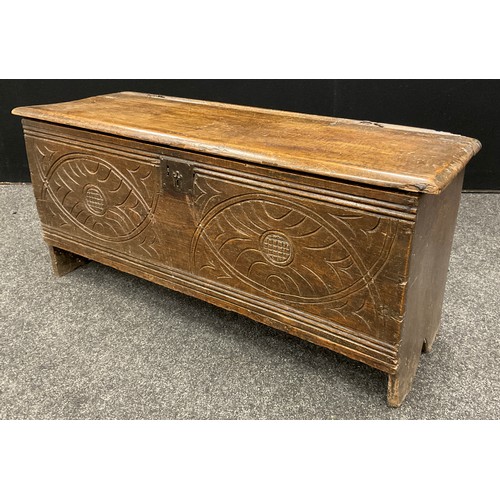 1271 - An 18th century Welsh carved oak coffer, 43cm high x 95.5cm wide x 34cm deep