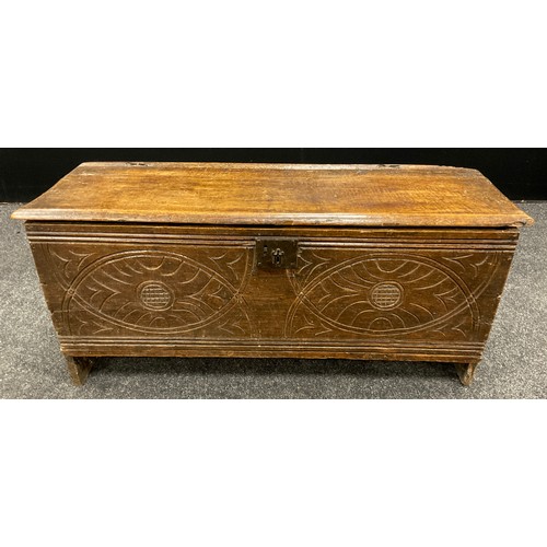 1271 - An 18th century Welsh carved oak coffer, 43cm high x 95.5cm wide x 34cm deep