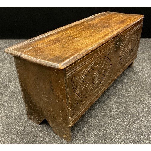 1271 - An 18th century Welsh carved oak coffer, 43cm high x 95.5cm wide x 34cm deep