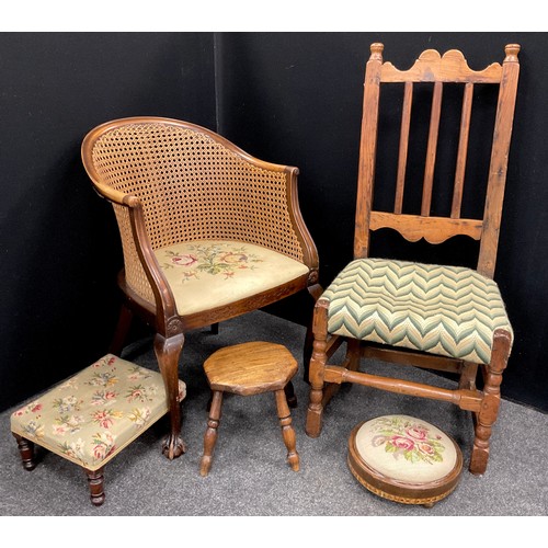 1272 - An 18th/19th century elm Sark Island chair;  a Bergere weave tub chair;  Victorian tapestry top foot... 