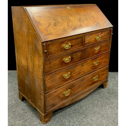 1046 - A George III mahogany bureau, fall front enclosing a fitted interior, above drawers, bracket feet, 1... 