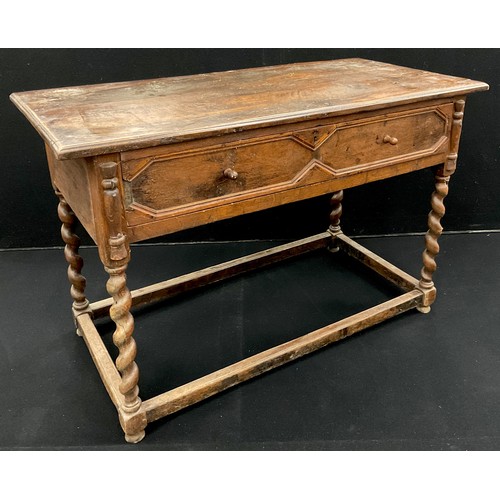 1273 - An 18th/19th century oak rectangular side table, oversailing top above a long frieze drawer applied ... 