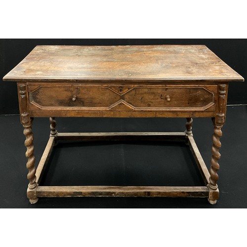 1273 - An 18th/19th century oak rectangular side table, oversailing top above a long frieze drawer applied ... 