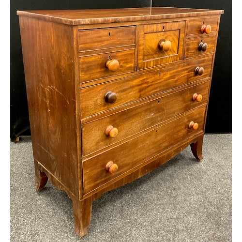 1264 - A Victorian Scottish mahogany chest, rectangular oversailing top above a bonnet drawer, four small d... 