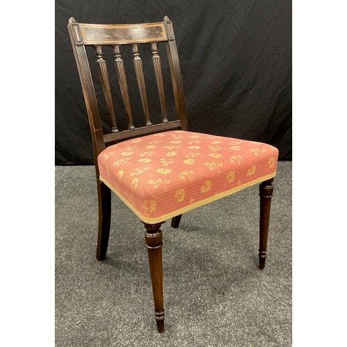 1241 - A set of six George IV mahogany and burr yew dining chairs, each bar back above a row of tapered ree... 