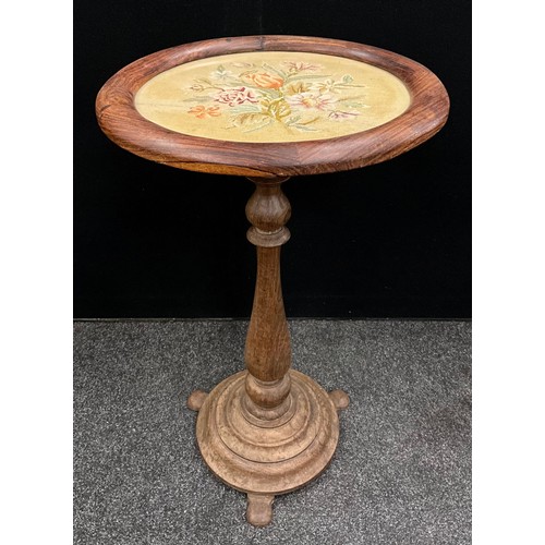 1212 - A early Victorian rosewood occasional table, circular top with embroidered needlework panel, turned ... 