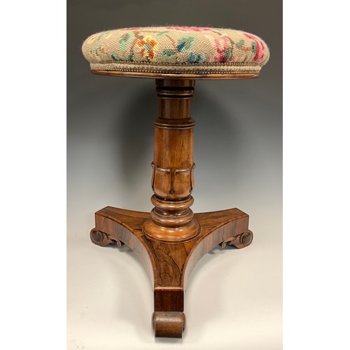 906 - A George/William IV rosewood adjustable piano stool, stuffed-over circular top, turned pillar, acant... 