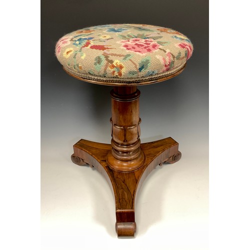 906 - A George/William IV rosewood adjustable piano stool, stuffed-over circular top, turned pillar, acant... 