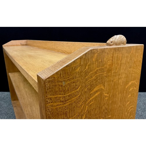 1060 - Peter Heap, Rabbitman of Yorkshire, Yorkshire Critters School, oak bookcase, 79cm high x 136.5cm x 2... 