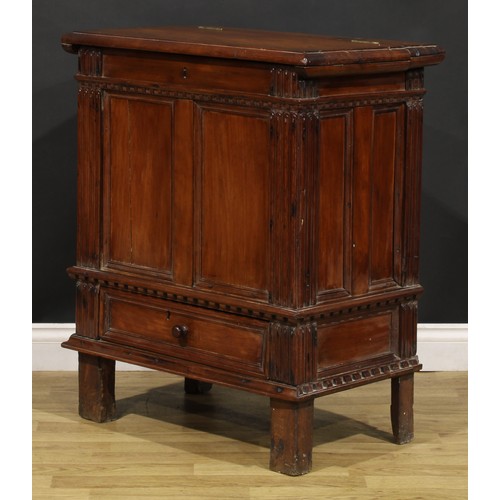 871 - An 18th century Continental cherry vestment chest, hinged top enclosing a pair of compartments, draw... 