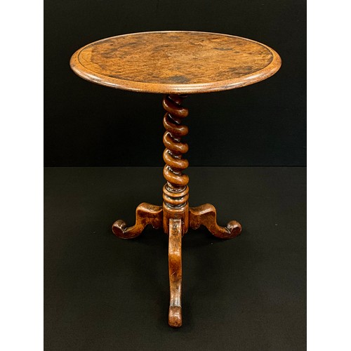 861 - A 19th century Walnut circular topped wine or occasional table, barley twist column, tripod scrolled... 