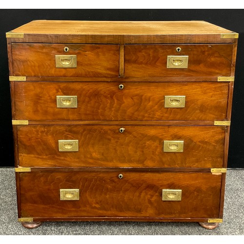 1267 - A walnut veneered pine campaign chest of drawers, two short over three graduated long drawers, 86cm ... 