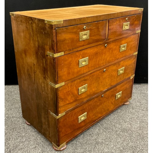 1267 - A walnut veneered pine campaign chest of drawers, two short over three graduated long drawers, 86cm ... 