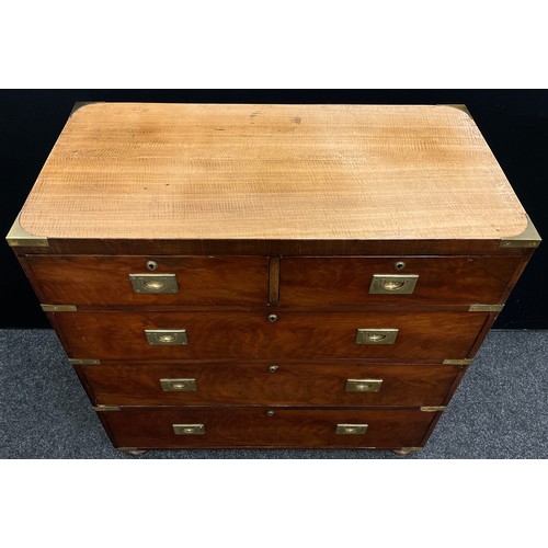 1267 - A walnut veneered pine campaign chest of drawers, two short over three graduated long drawers, 86cm ... 