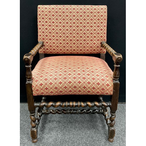 1265 - A Victorian walnut elbow chair, upholstered back and sprung seat, with barley-twist turned arms, str... 