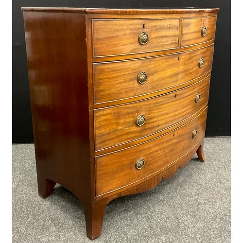 1042 - A George III mahogany bow-front cheats of two short, over three graduated long drawers, shaped apron... 