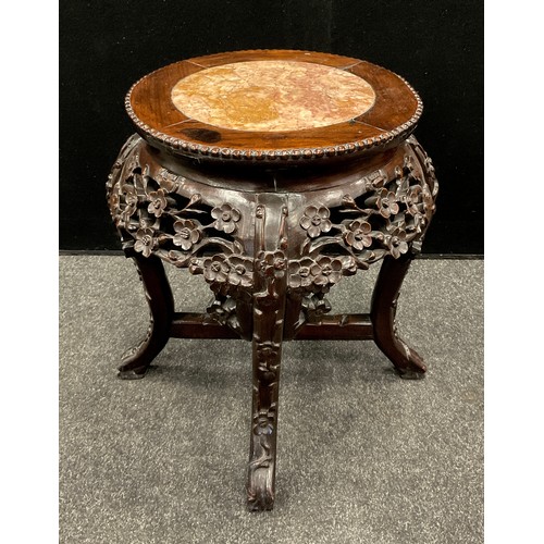 1211 - A Chinese hardwood fish bowl stand, the circular top inset with a soapstone panel, above a frieze pi... 