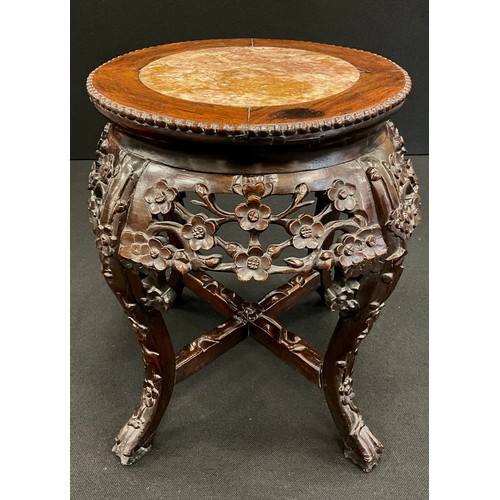 1211 - A Chinese hardwood fish bowl stand, the circular top inset with a soapstone panel, above a frieze pi... 