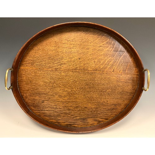 891 - A 19th century oak and mahogany oval serving tray, oak base, mahogany gallery, brass handles, 53cm w... 