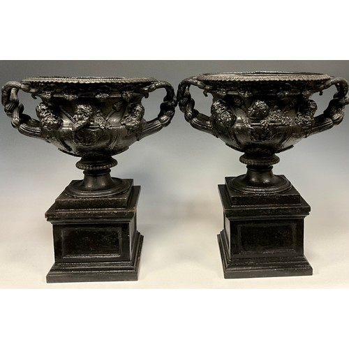 1228 - A pair of 19th century cast iron pedestal urns, in the Grand Tour taste after the Warwick Vase, inte... 