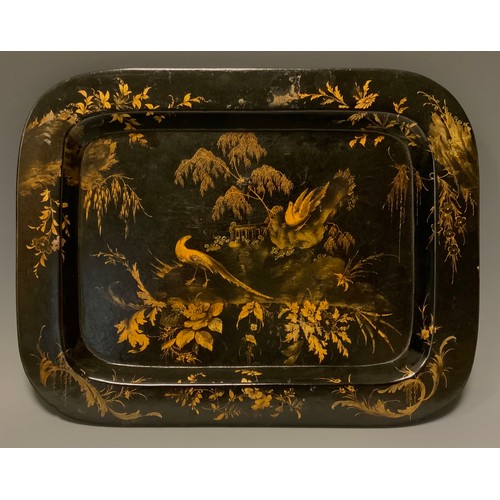 1249 - A post-Regency Chinoiserie papier mache tray, decorated in the Chinese taste with fanciful birds in ... 