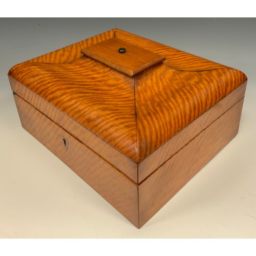 1220 - A 19th century satinwood sarcophagus work box, hinged cover enclosing a satin-lined interior, with l... 