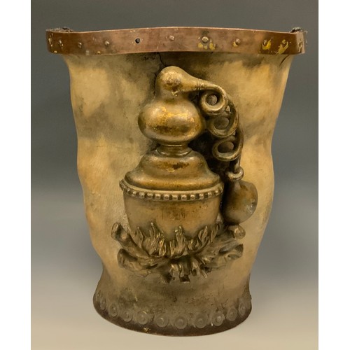 890 - A 19th century leather fire bucket, applied with a plaque cast as an apparatus, copper rim, 29.5cm h... 