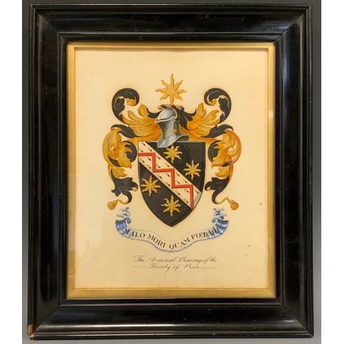 1254 - Heraldry - a late 19th century watercolour coat of arms, The Armorial Bearings of the Family of Prio... 