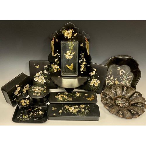 1250 - A Victorian lacquered papier-mâché matched dressing suite painted with Butterflies and Daisies inclu... 