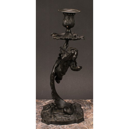 1230 - A pair of 19th century dark patinated bronze mantle sticks, cast with cherubs flying amongst stylise... 