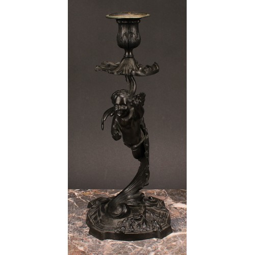 1230 - A pair of 19th century dark patinated bronze mantle sticks, cast with cherubs flying amongst stylise... 