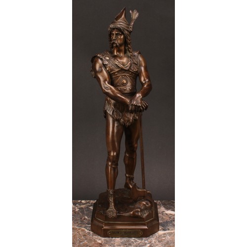 1256 - Marcel Debut (1865-1933), a brown patinated bronze, a Norse warrior, standing scantily clad in armou... 